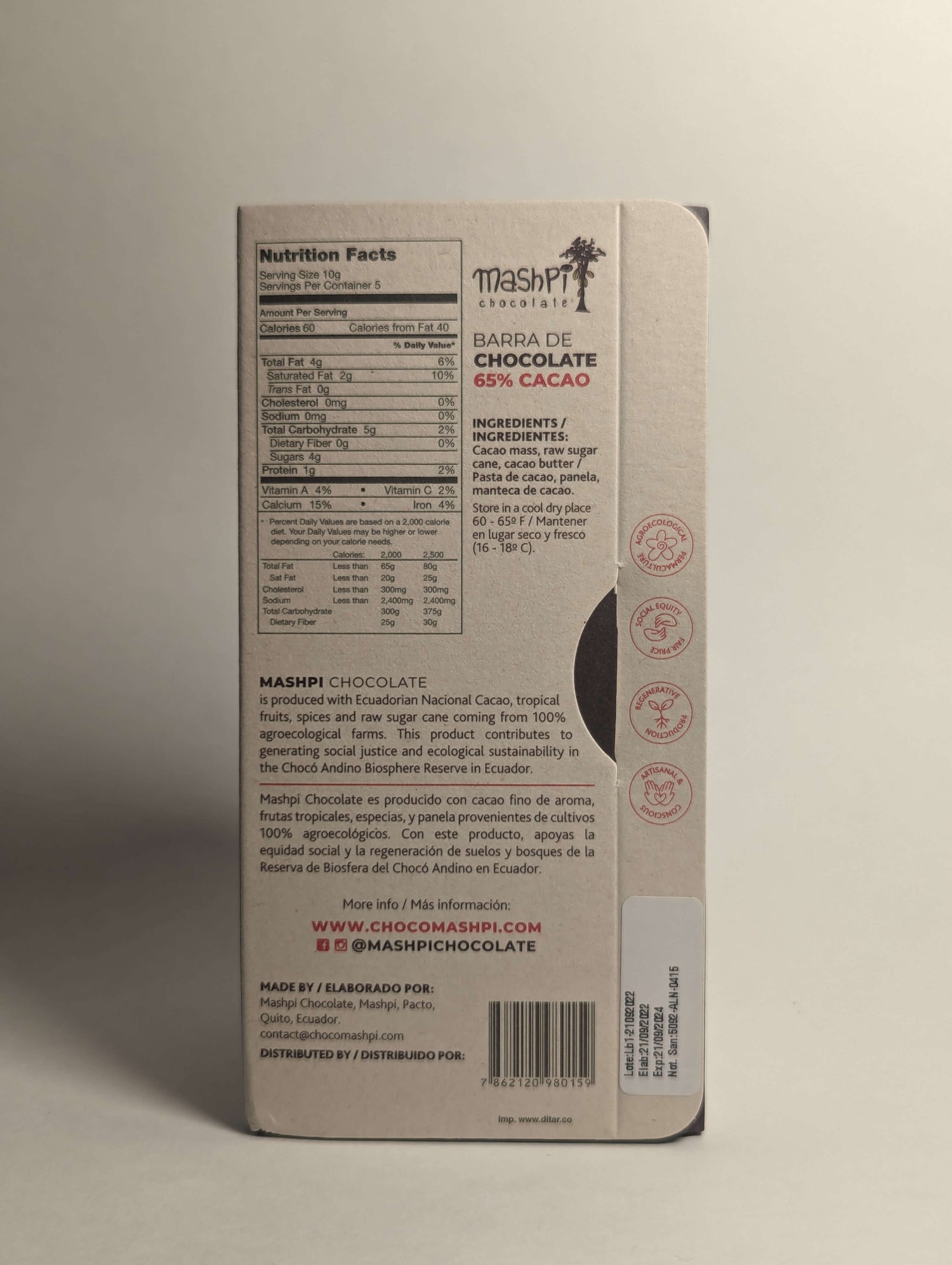 Chocolate bar with 65% cacao, featuring a rich, smooth texture and balanced flavor, made from high-quality cocoa beans for a gourmet treat -Mashpi-Chocolate-in-Ecuador