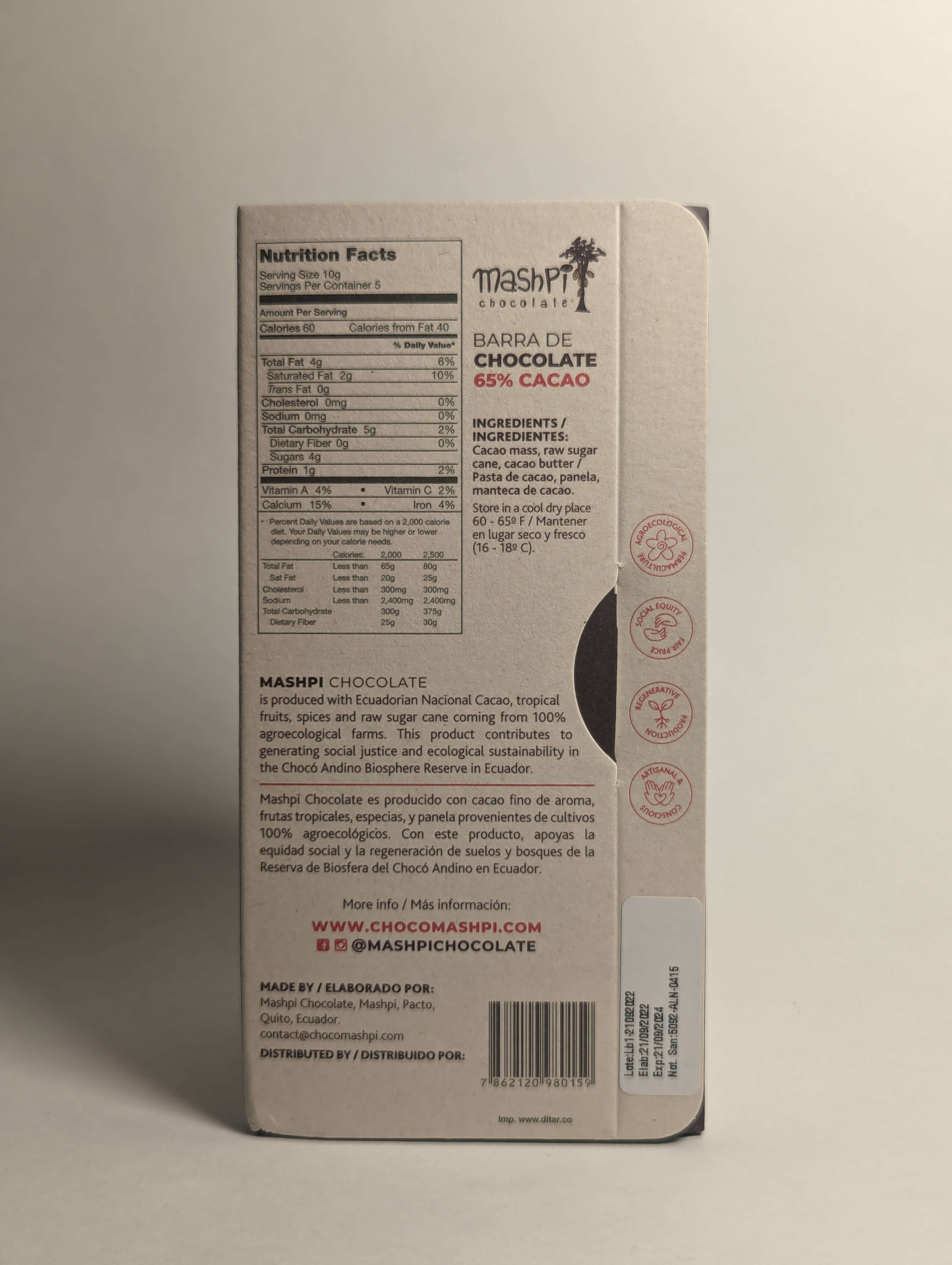 Chocolate bar with 65% cacao, featuring a rich, smooth texture and balanced flavor, made from high-quality cocoa beans for a gourmet treat -Mashpi-Chocolate-in-Ecuador