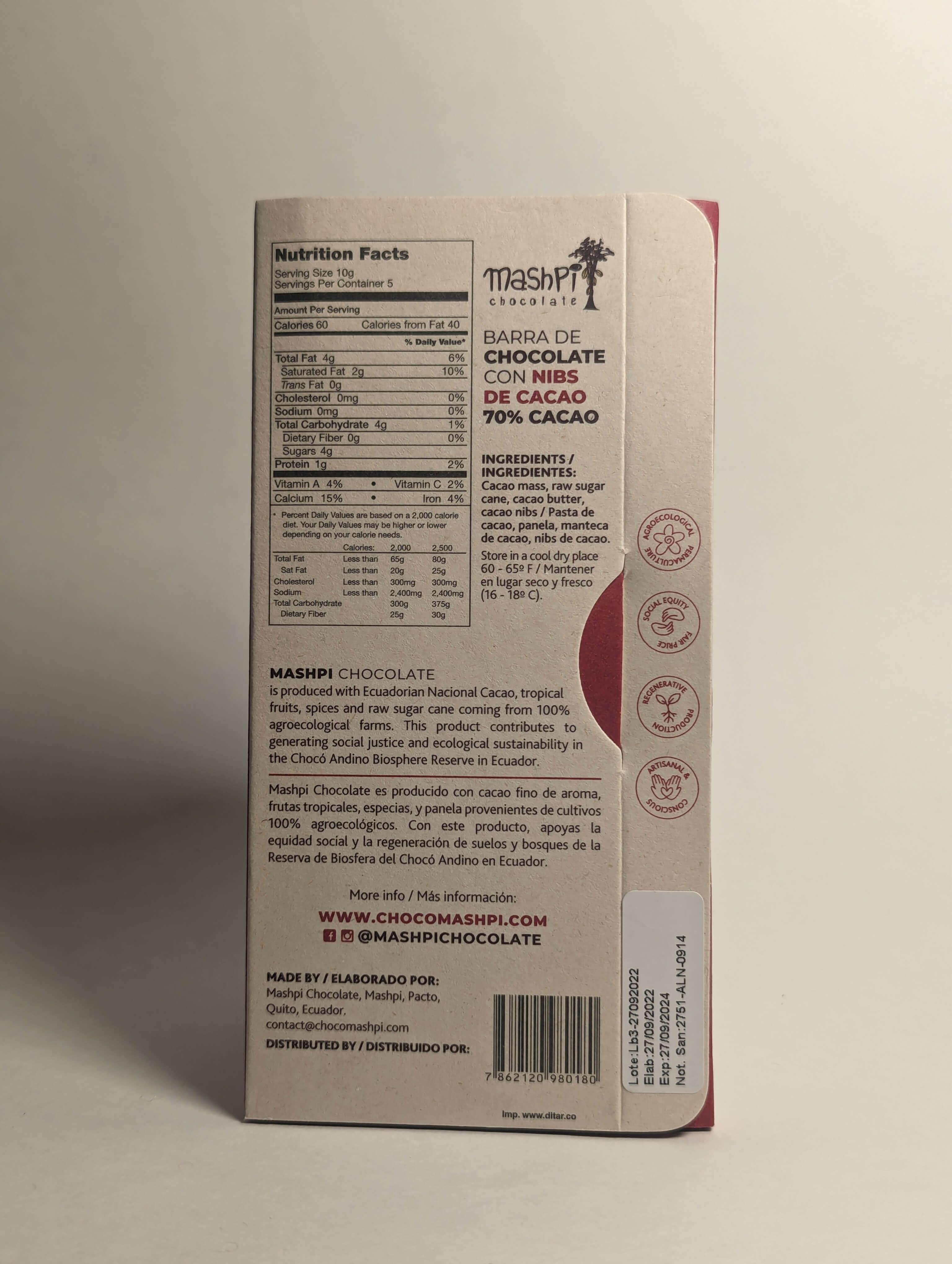 dark chocolate bar with cacao nibs, made from premium cocoa beans, perfect for gourmet desserts and healthy snacking. 70% Nibs-Organic-Chocolate Bar - Mashpi Chocolate