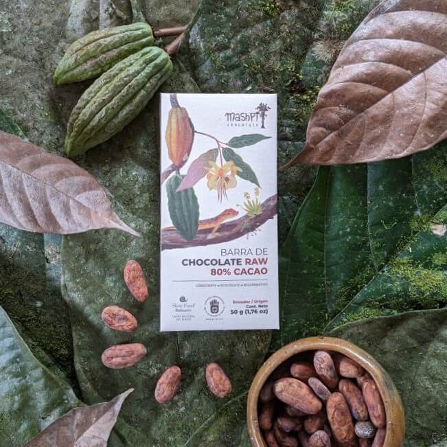 80% Raw chocolate bar with 80% cacao content, handcrafted from organic cocoa beans, offering intense flavor and health benefits for dark chocolate enthusiasts.- Mashpi Chocolate