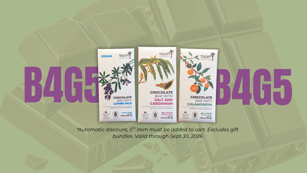 Three chocolate bar packages are centered on a muted olive-green background with large purple text reading B4G5 on each side. The packages are Lupine Milk, Salt and Cardamom, and Calamondín, with botanical illustrations on the front.