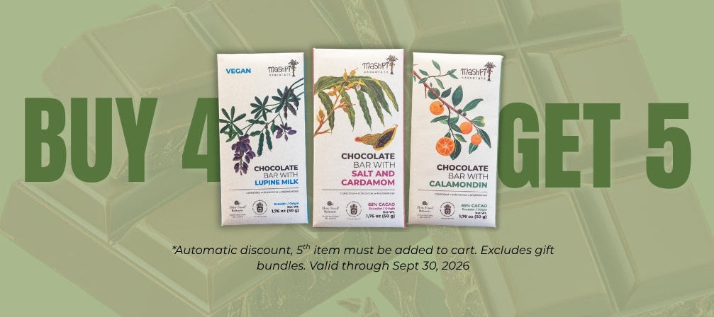 Promotional graphic for a chocolate bundle offer, featuring three packaged chocolate bars from The Chocolate Company on a muted olive-green background with large text reading 'BUY 4 GET 5'.