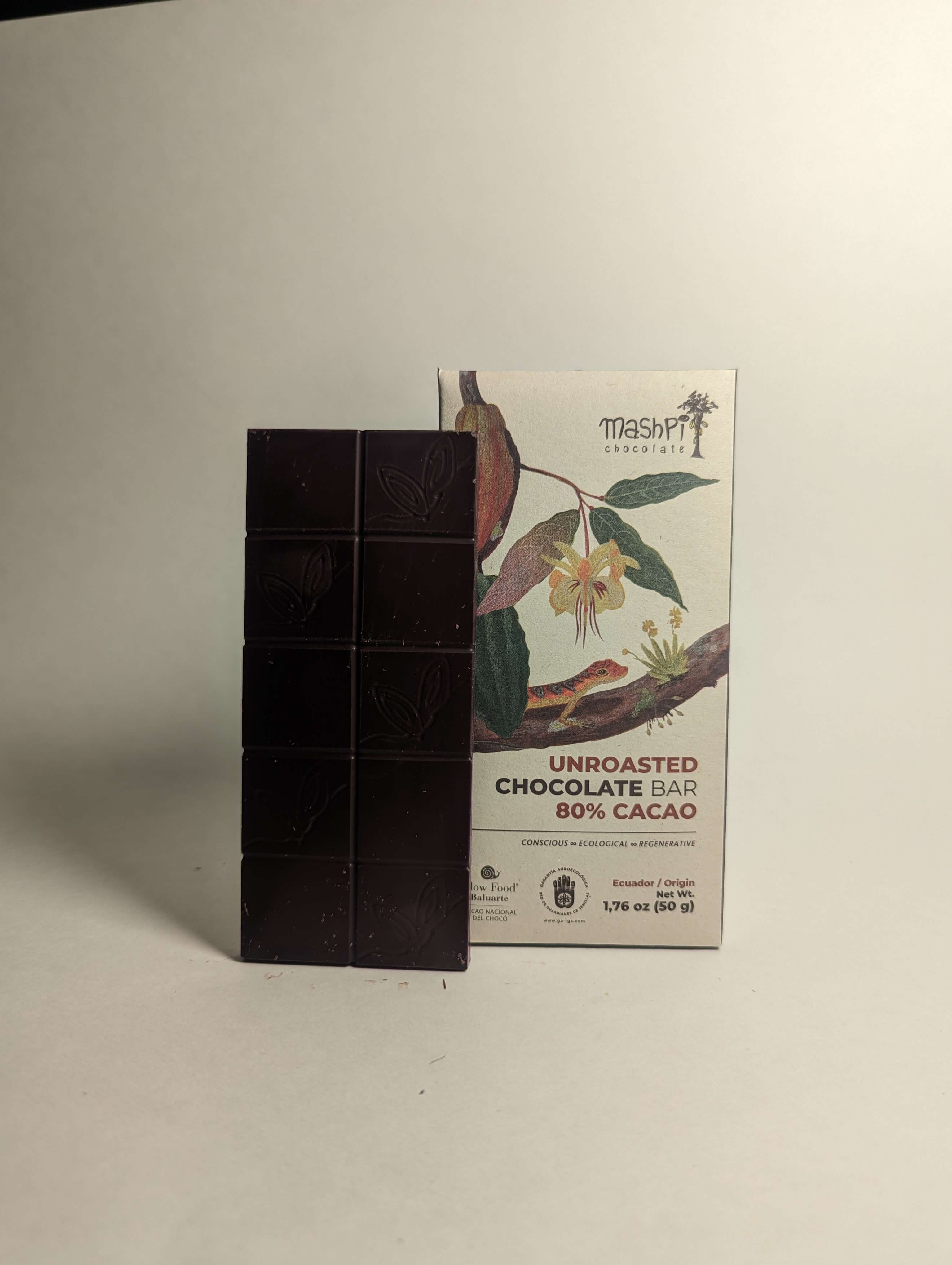 80% Unroasted chocolate bar with 80% cacao, made from raw, organic cocoa beans, delivering a rich, natural flavor for dark chocolate purists - Mashpi Chocolate