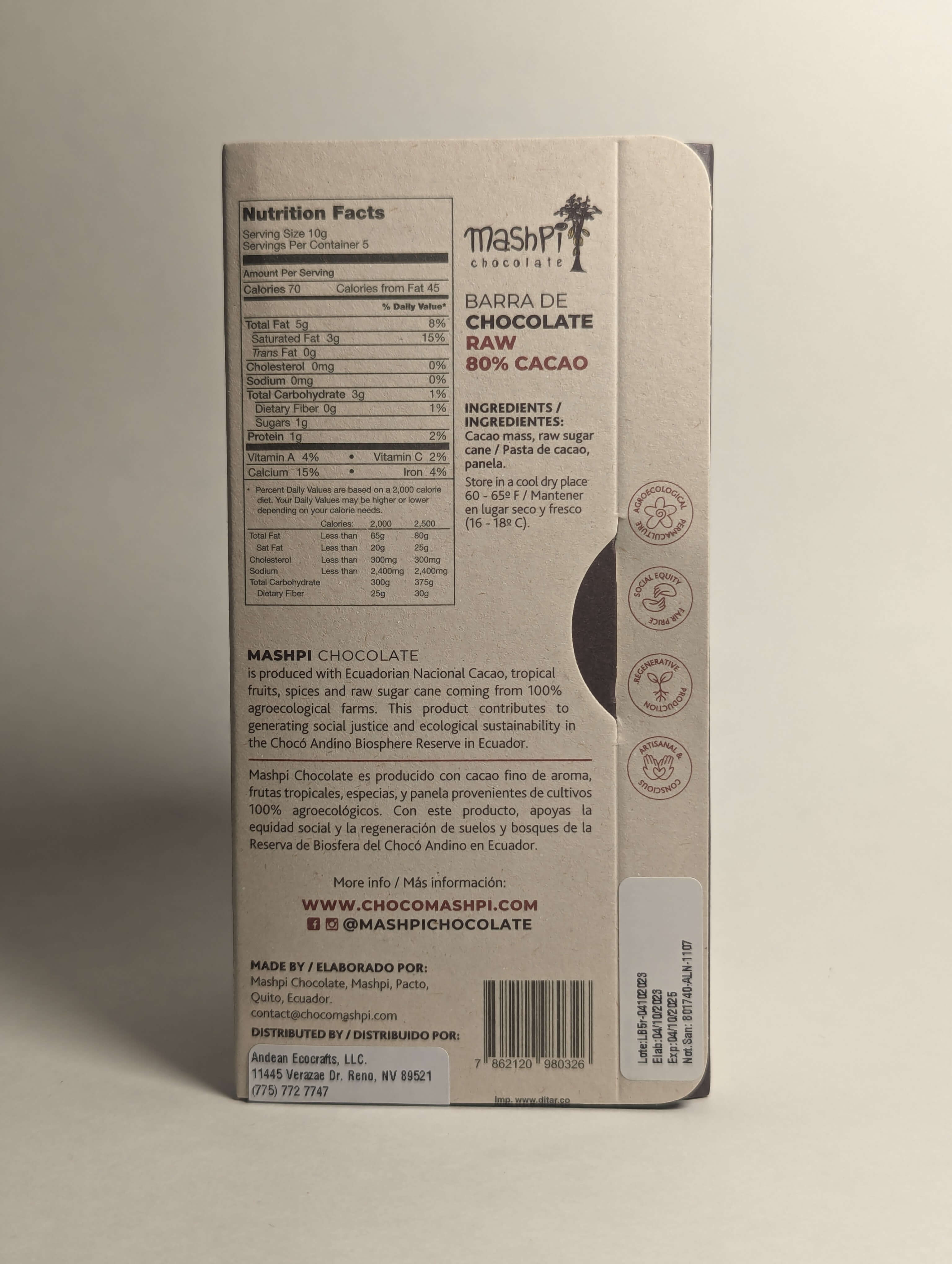 80% UNROASTED chocolate bar with 80% cacao, crafted from unprocessed cocoa beans, offering a rich and intense flavor for pure chocolate enthusiasts - Mashpi Chocolate
