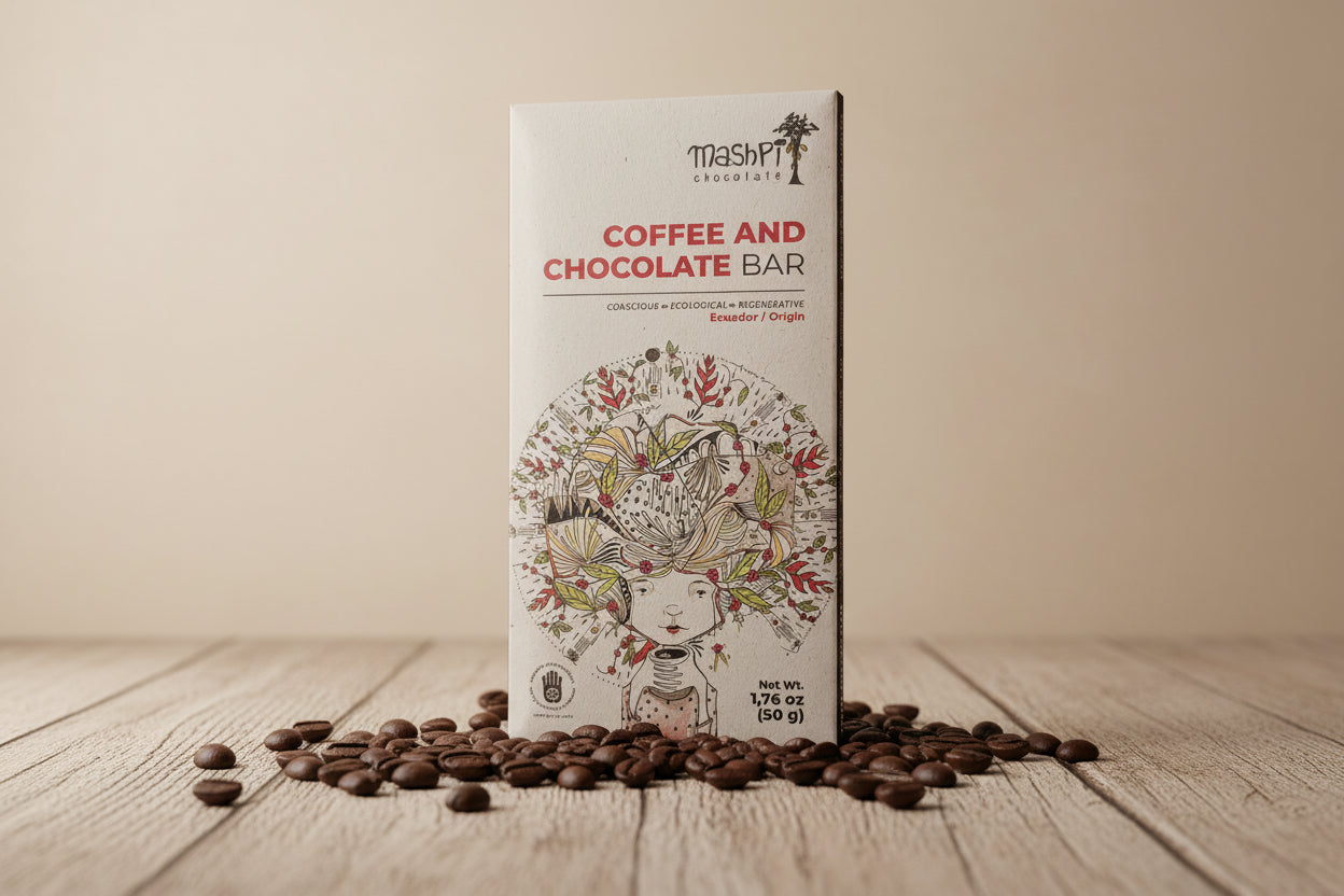 Mashpi Coffee Bar packaging on a table with coffee beans