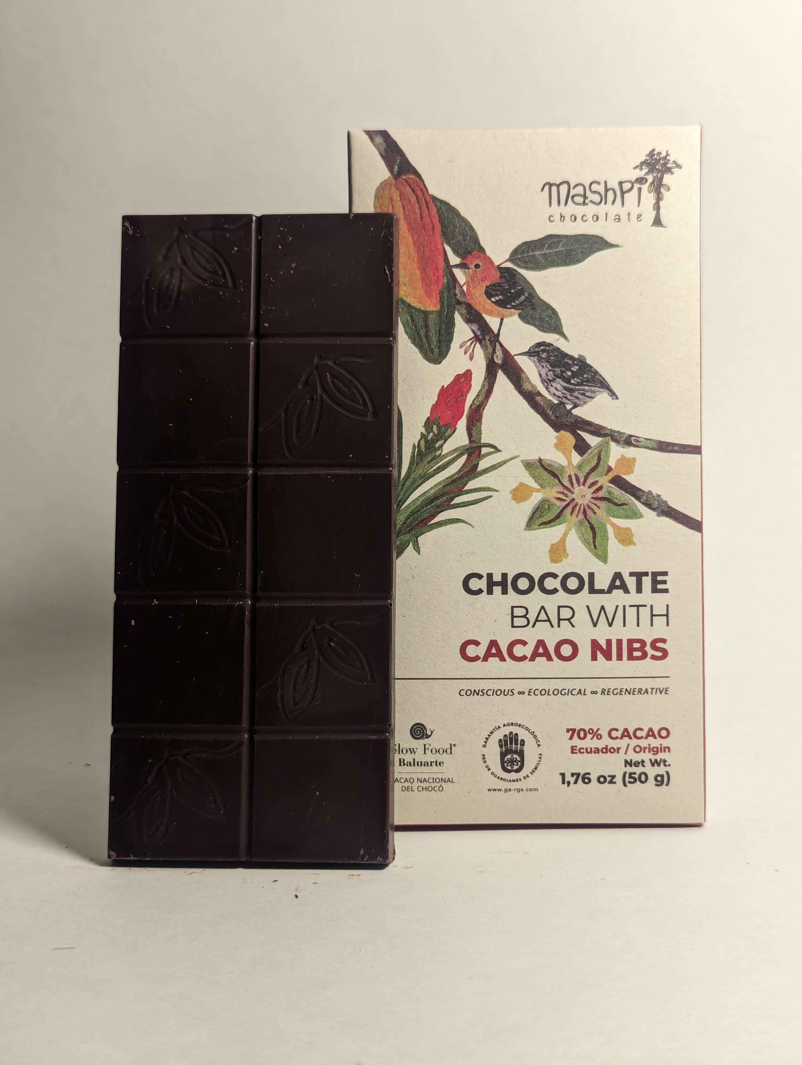 70% Nibs-Organic-Chocolate Bar - Mashpi Chocolate Premium dark chocolate bar with crunchy cacao nibs, organic ingredients, and rich flavor, perfect for gourmet chocolate lovers. 