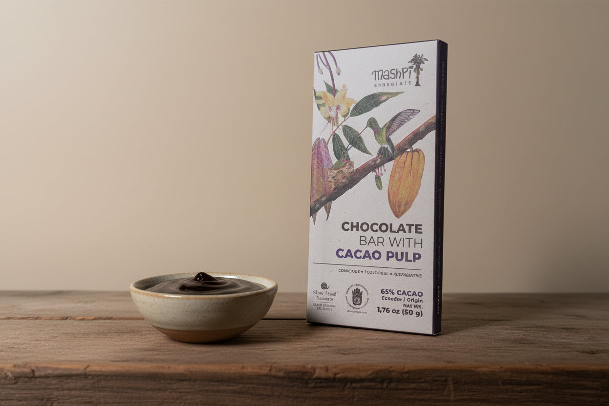 Mashpi chocolate bar packaging with cacao bean and hummingbird illustration