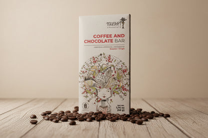 Mashpi Coffee  Bar packaging on a table with coffee beans
